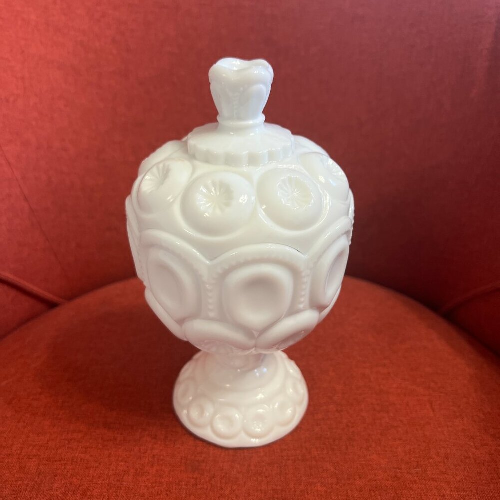 Vintage Moon and Stars Milk Glass Compote Jar with Lid - LE Smith 1960s